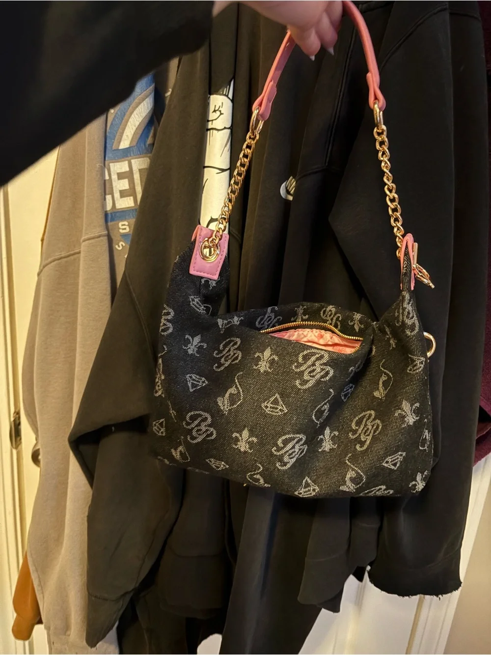 Baby Phat Black Monogram Hobo with Pink Trim & Gold Chain
